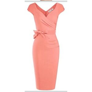MUXXN Womens Coral V Neck Cap Sleeve Wrap Tie Waist Sheath Dress Size S Retro